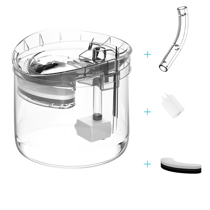 Fontaine à eau intelligente pour animal de compagnie en plastique transparent de 1,8 L, avec base de filtration blanche et bec courbé transparent pour l’hydratation des animaux.