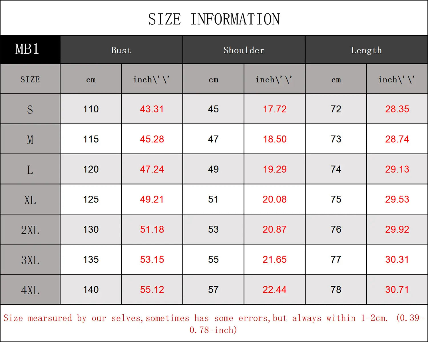 Size information chart for men’s tropical surfing bigfoot short sleeve Hawaiian shirt showing garment measurements in centimeters and inches from size S to 4XL.