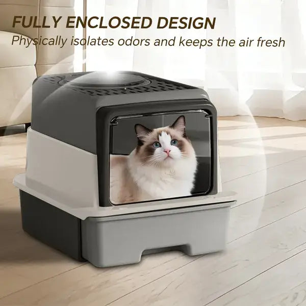 gray and white fully enclosed sifting cat litter box with drawer and clear front panel showcasing a fluffy cat inside