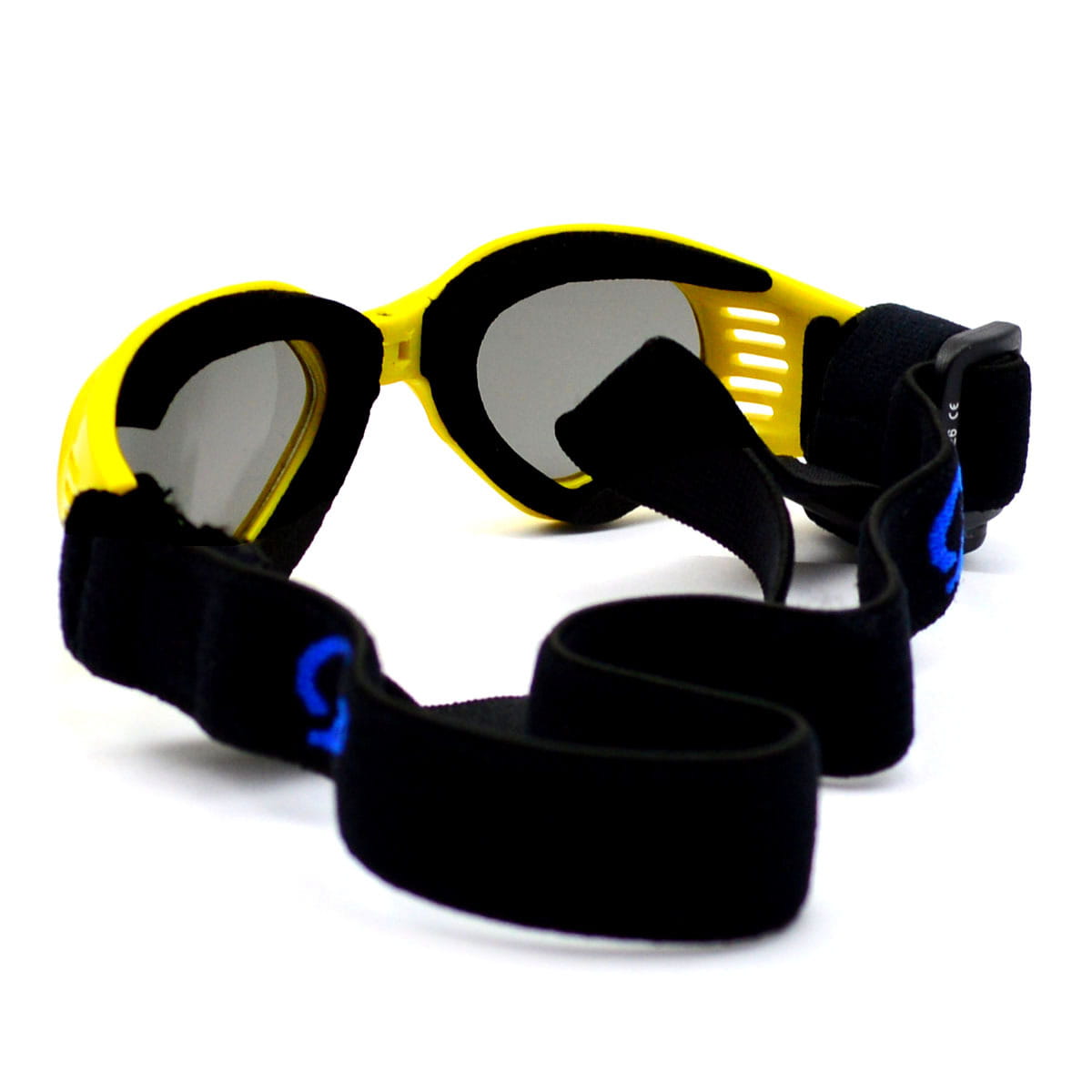 Bright yellow dog goggles with uv protection sunglasses featuring black padded straps and blue logo accents.