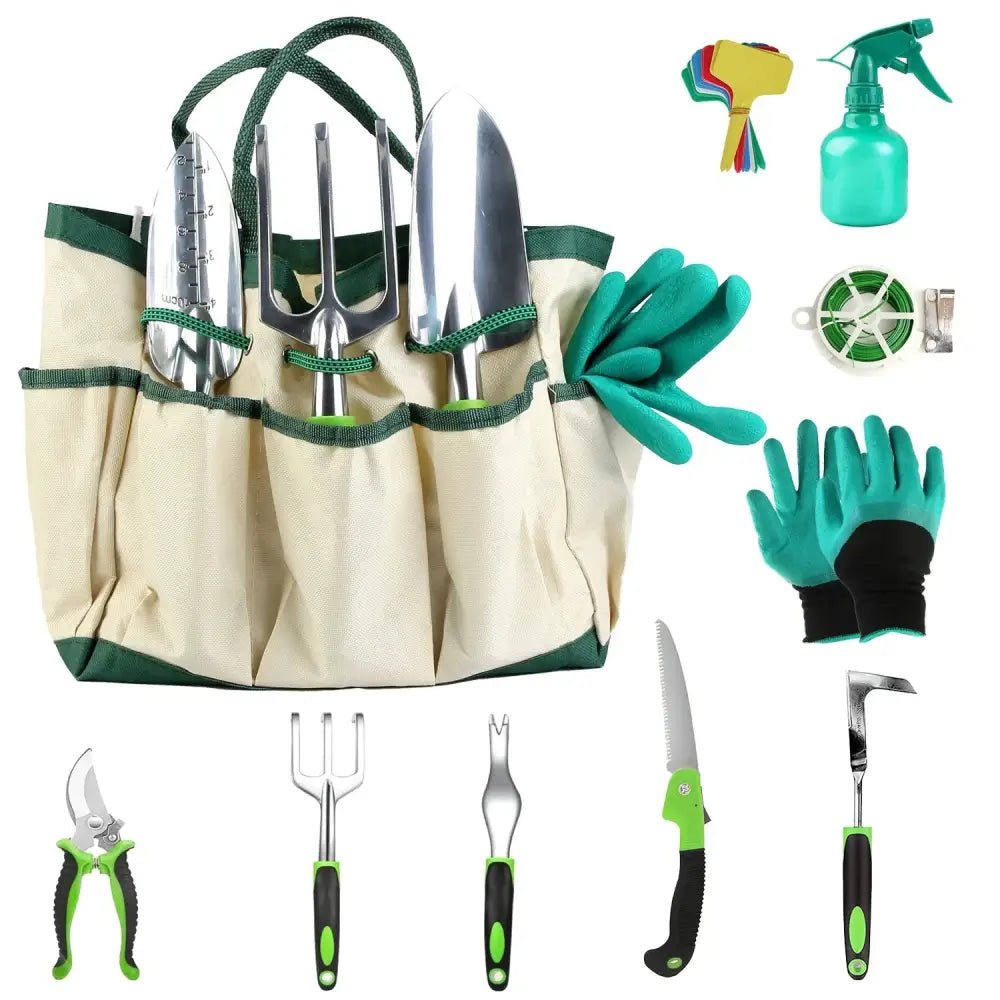 Beige and green 13 piece ergonomic aluminum garden tool set with stainless steel implements and fabric tote