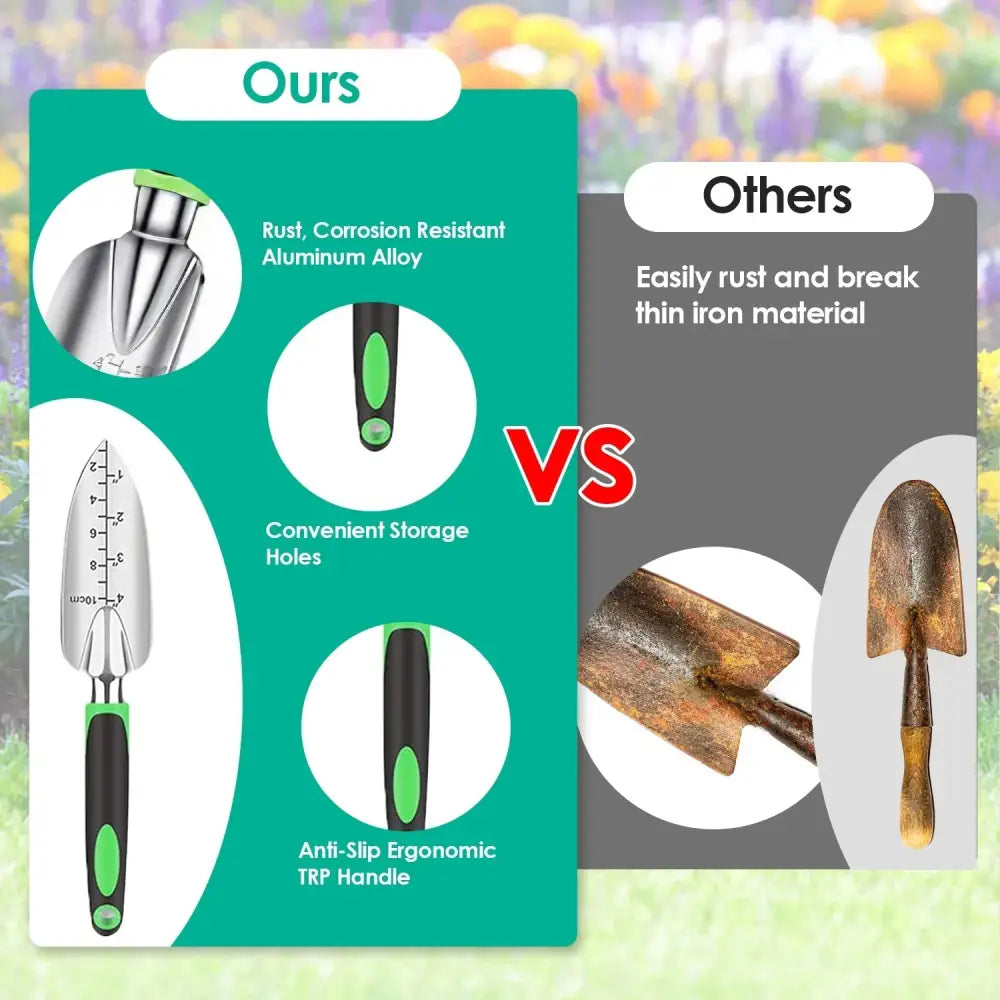 Green and black ergonomic garden trowel with rust-resistant aluminum alloy head and trp handle from 13 piece set