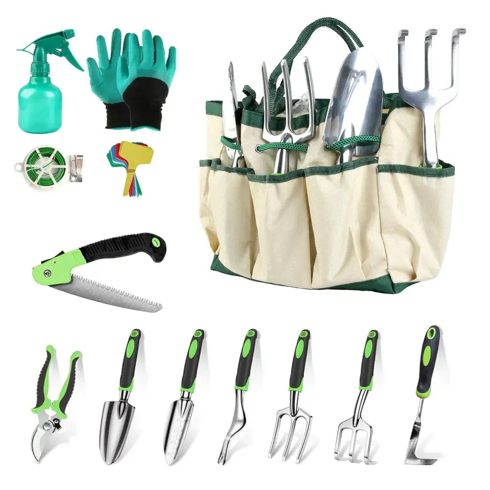 Beige and green 13 piece ergonomic aluminum garden tool set with stainless steel implements and storage bag