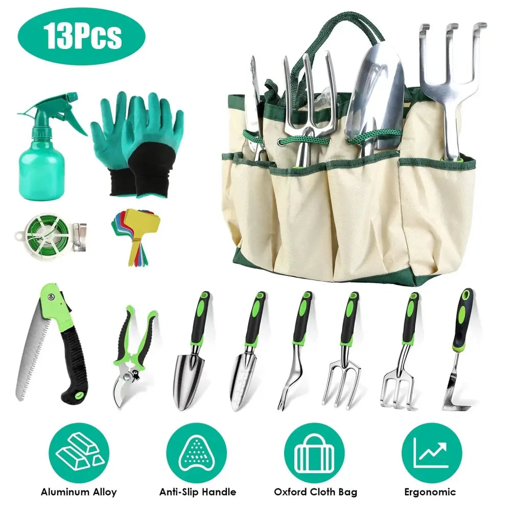 Beige and green 13 piece ergonomic aluminum garden tool set with stainless steel tools and storage bag for gardening