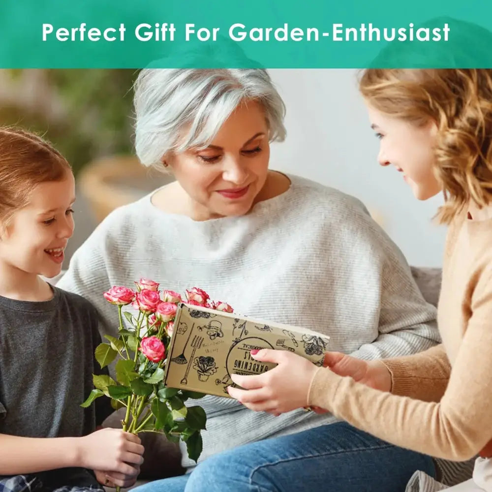 Beige gift box with black gardening tools and roses line art featuring ticket to a smile for ergonomic aluminum garden tool set