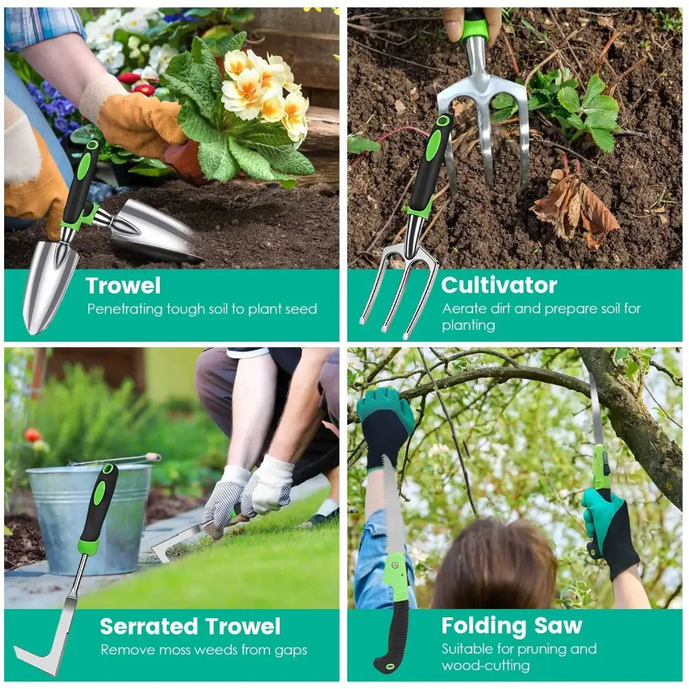 Green and black-handled ergonomic aluminum garden tool set with trowel cultivator serrated trowel and folding saw