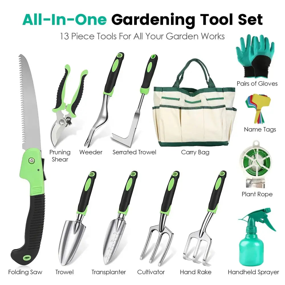 13 piece ergonomic aluminum garden tool set with green and black handles and stainless steel all-in-one blades