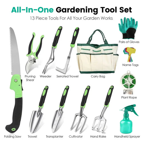 13 piece ergonomic aluminum garden tool set with green and black handles and stainless steel all-in-one blades