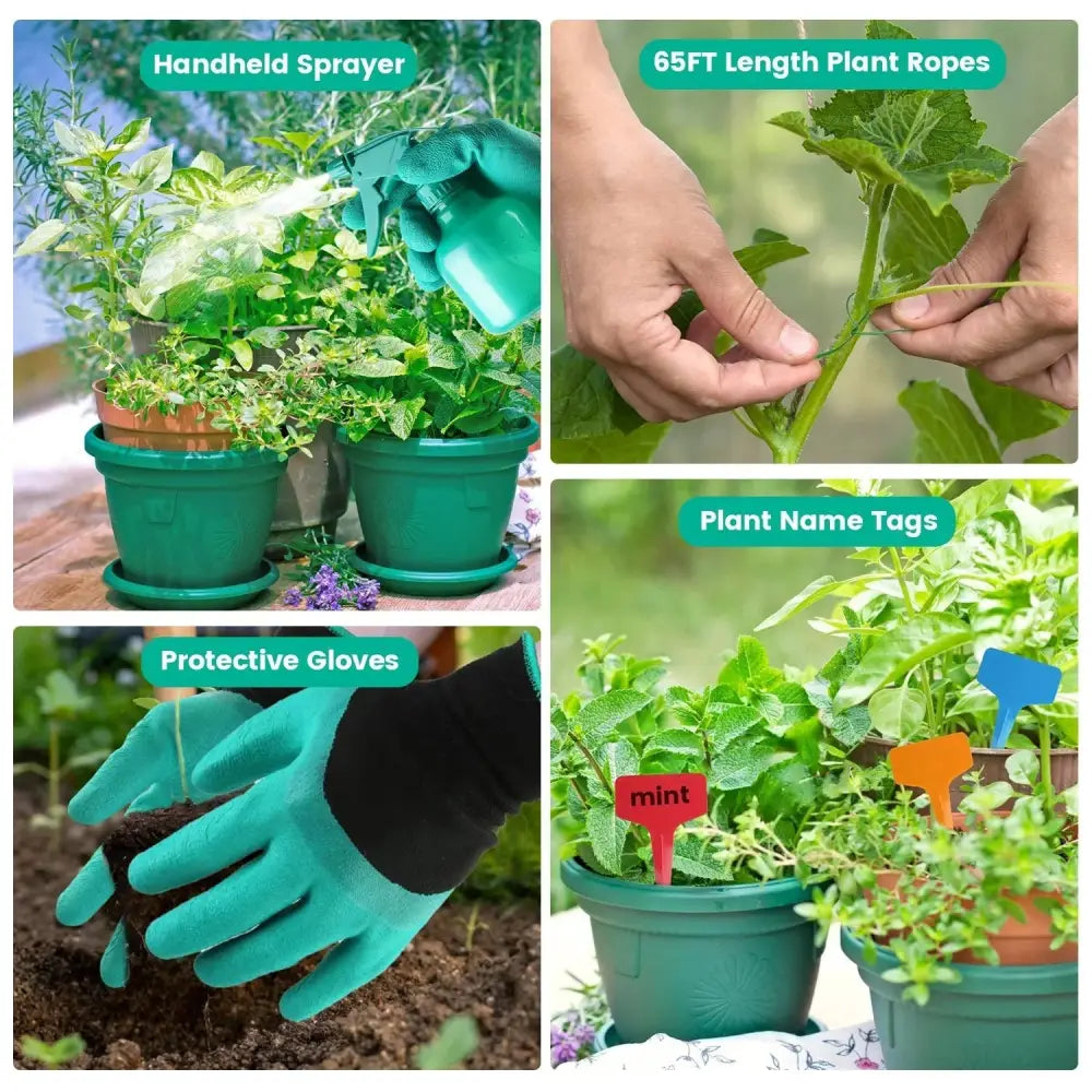 Green handheld garden sprayer with ergonomic grip and trigger nozzle from 13 piece aluminum garden tool set with bag
