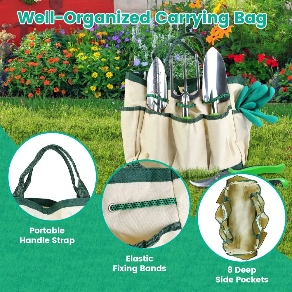 Beige canvas gardening tote with green trim and handles featuring eight deep side pockets for organized garden tool storage