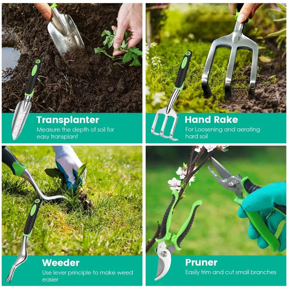 Green and silver ergonomic aluminum garden tool set with transplanter rake weeder pruner and storage bag