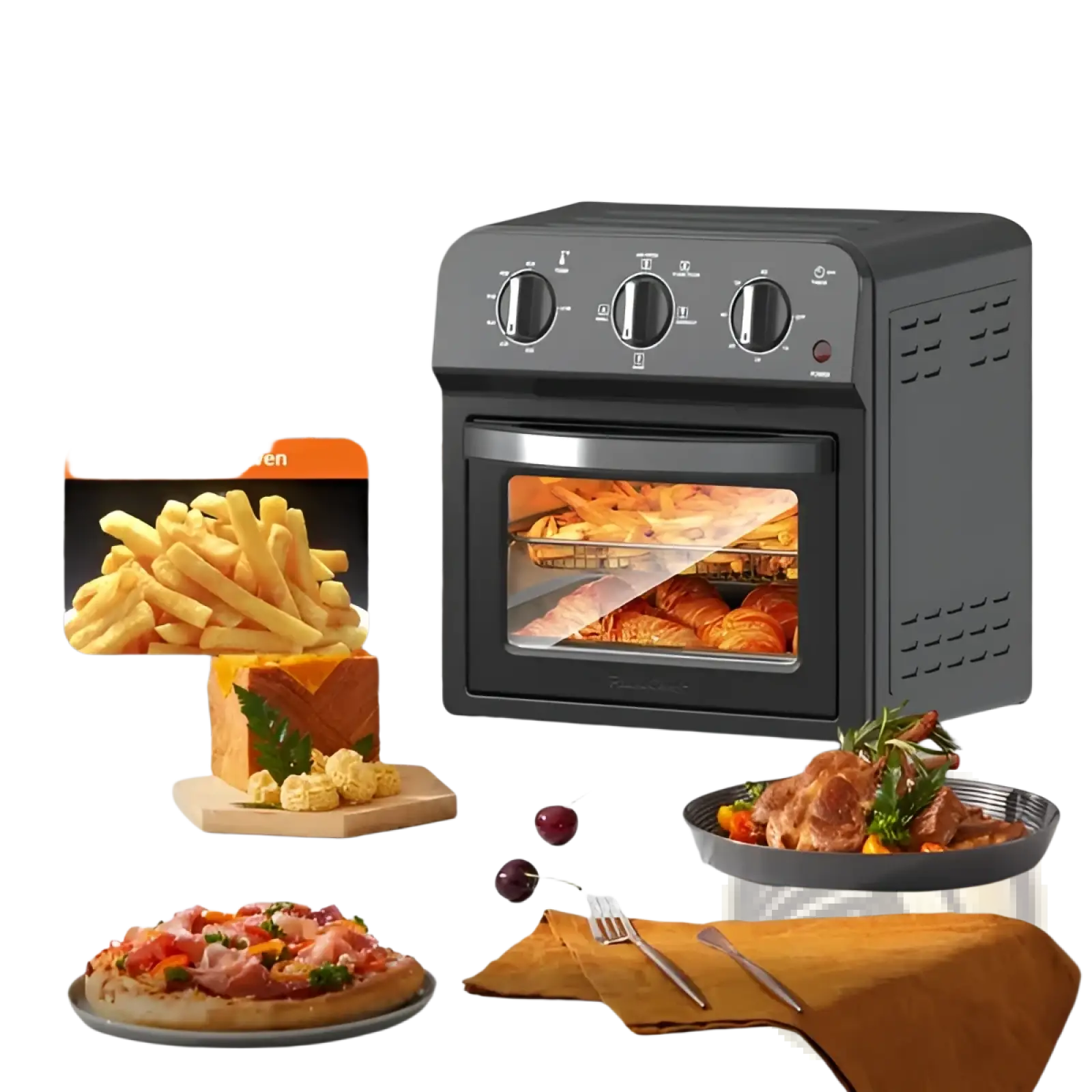 Black 13qt air fryer toaster oven combo convection oven with glass door and three control knobs