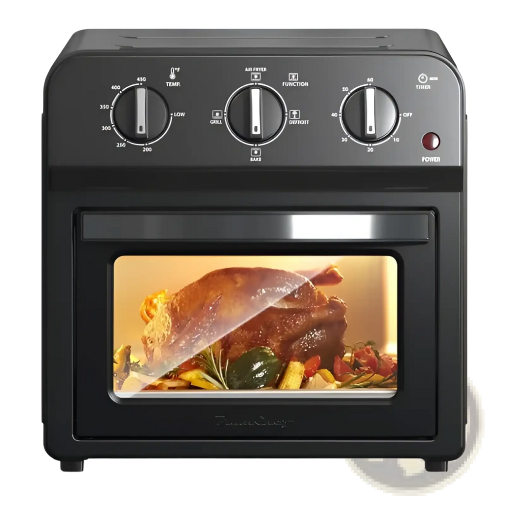 Black 13qt air fryer toaster oven combo convection oven with glass door roasting turkey and vegetables inside