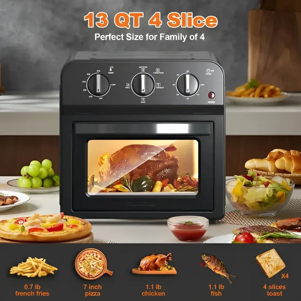 Black 13qt air fryer toaster oven combo convection oven with glass door and digital control panel cooking roasted turkey