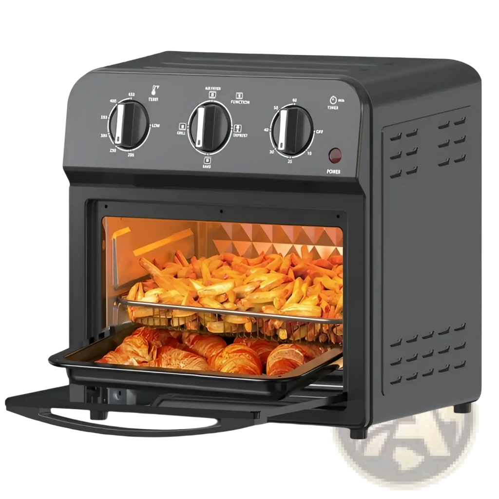 Black 13qt air fryer toaster oven combo with glass door and dual racks cooking golden fries and croissants