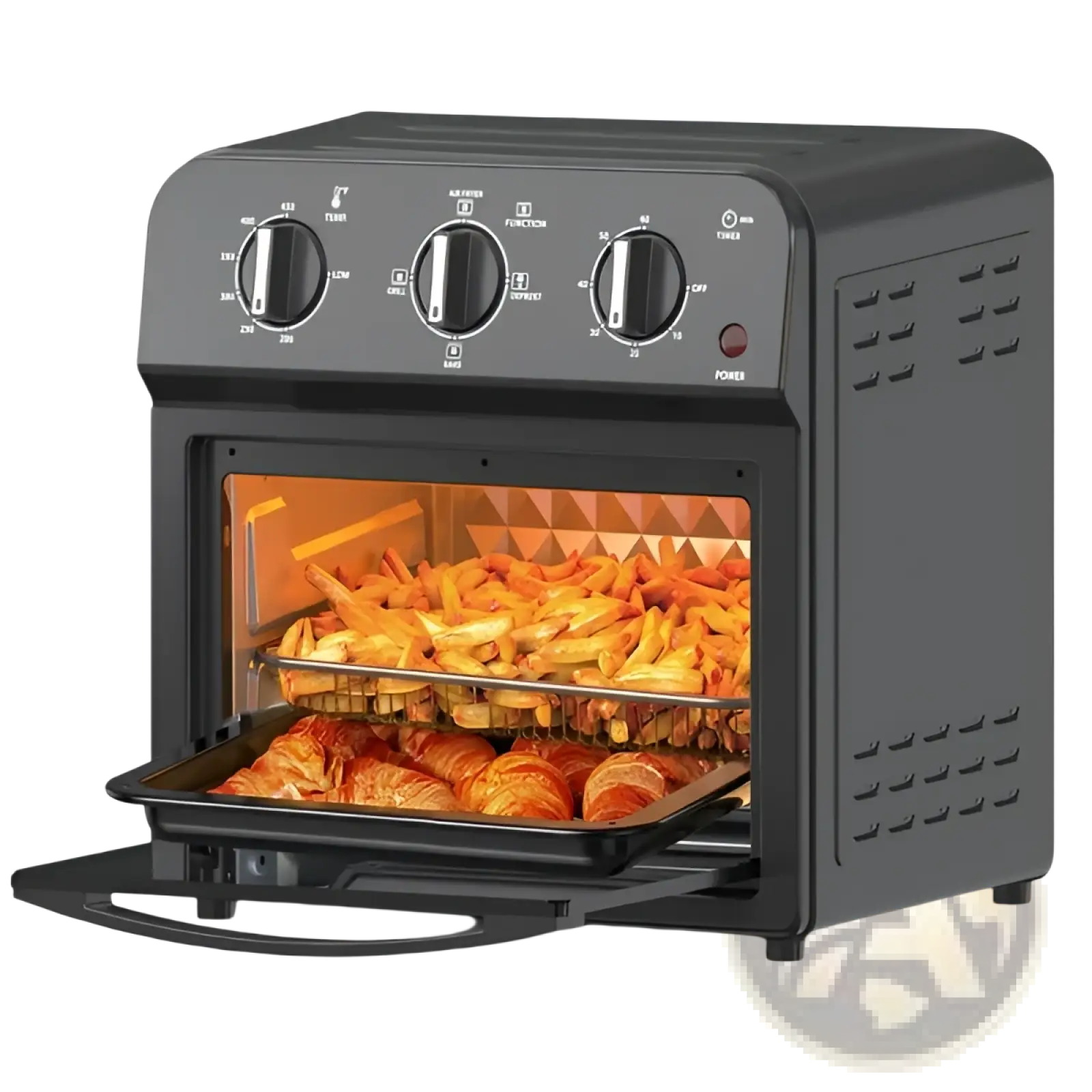Black 13qt air fryer toaster oven combo with glass door and dual racks cooking golden fries and croissants