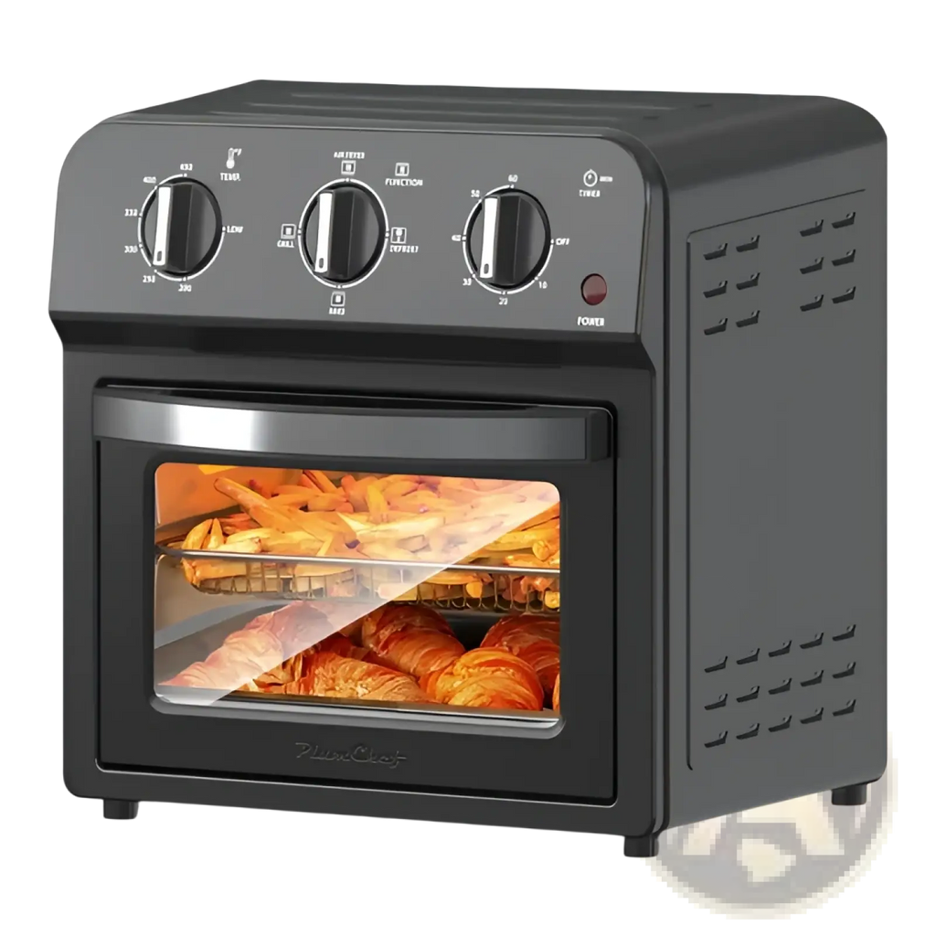 Black 13qt air fryer toaster oven combo convection oven with glass door showing golden fries and croissants inside