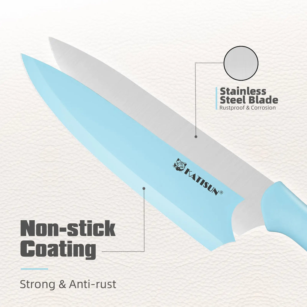 Light blue non-stick coated kitchen knife with stainless steel blade and Katisun branding from 14 piece blue knife set