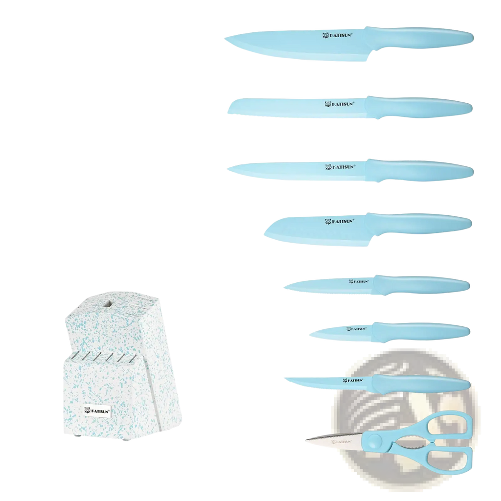 14 piece blue stainless steel knife set with light blue plastic handles and matching shears in a speckled white wooden block