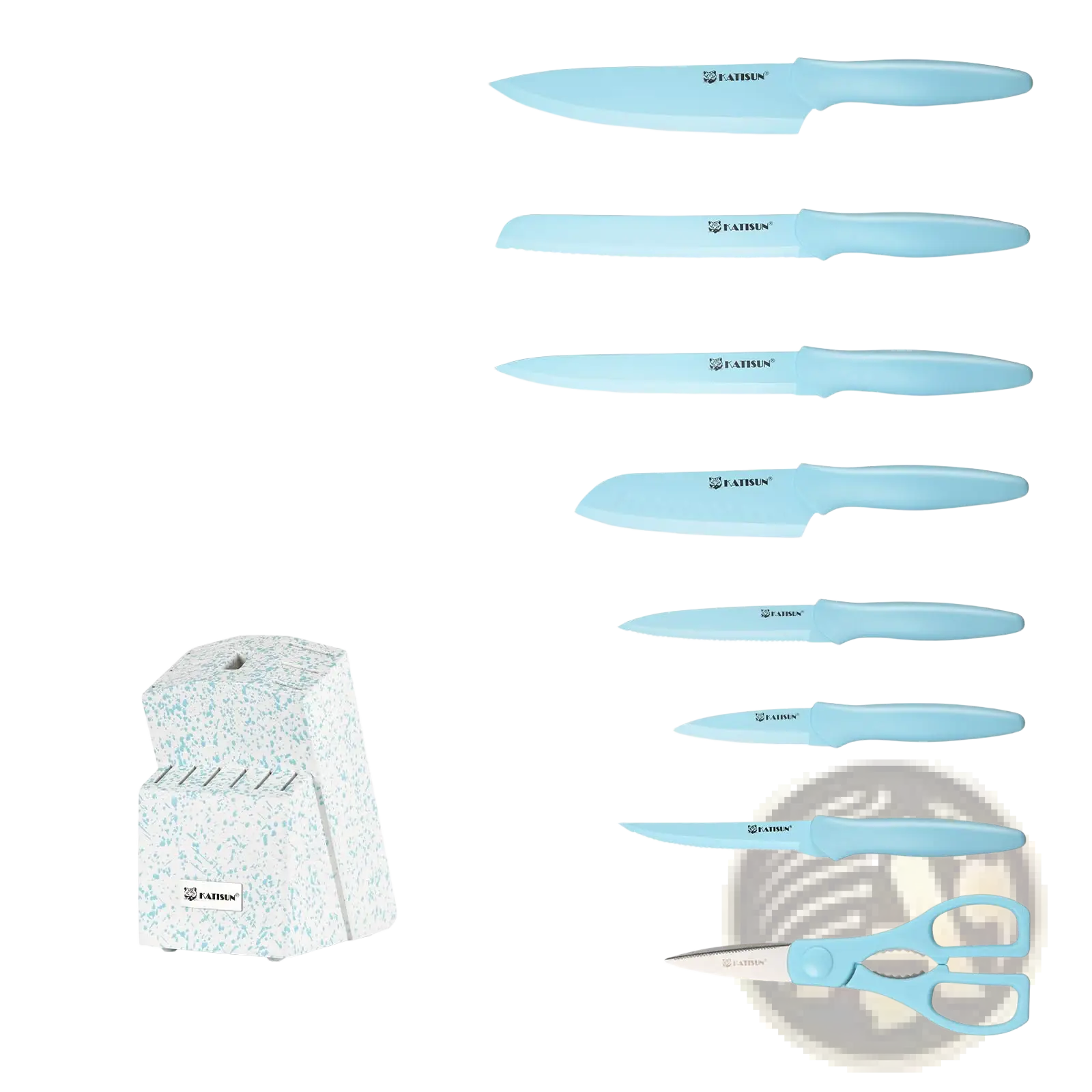 14 piece blue stainless steel knife set with light blue plastic handles and matching shears in a speckled white wooden block
