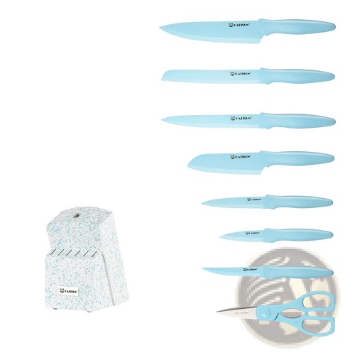 14 piece blue stainless steel knife set with light blue plastic handles and matching shears in a speckled white wooden block
