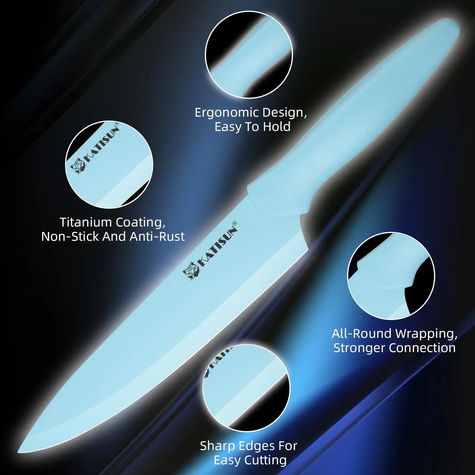 A sleek light blue titanium-coated chef’s knife with ergonomic handle from a 14 piece blue stainless steel knife set with block