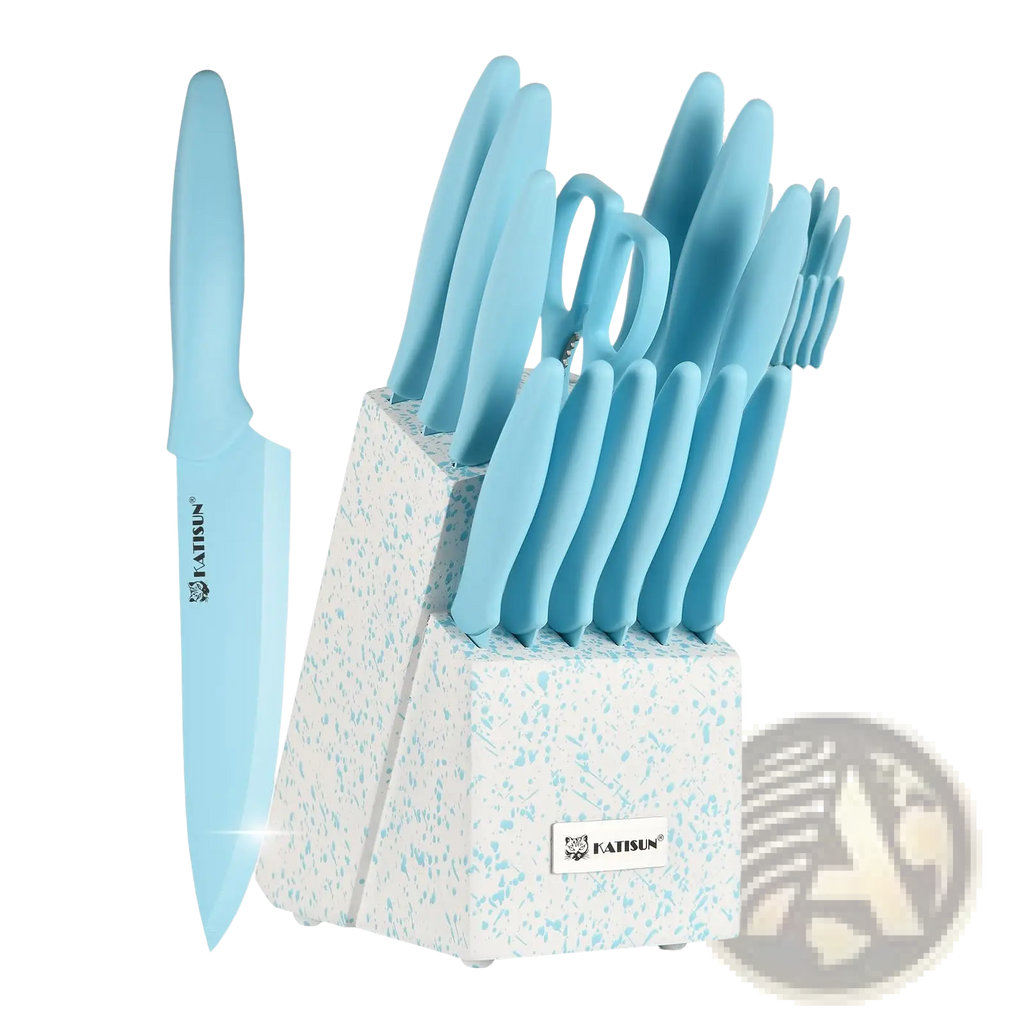 14 piece blue stainless steel knife set with light blue ceramic handles in a speckled white and blue block
