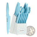 14 piece blue stainless steel knife set with light blue ceramic handles in a speckled white and blue block