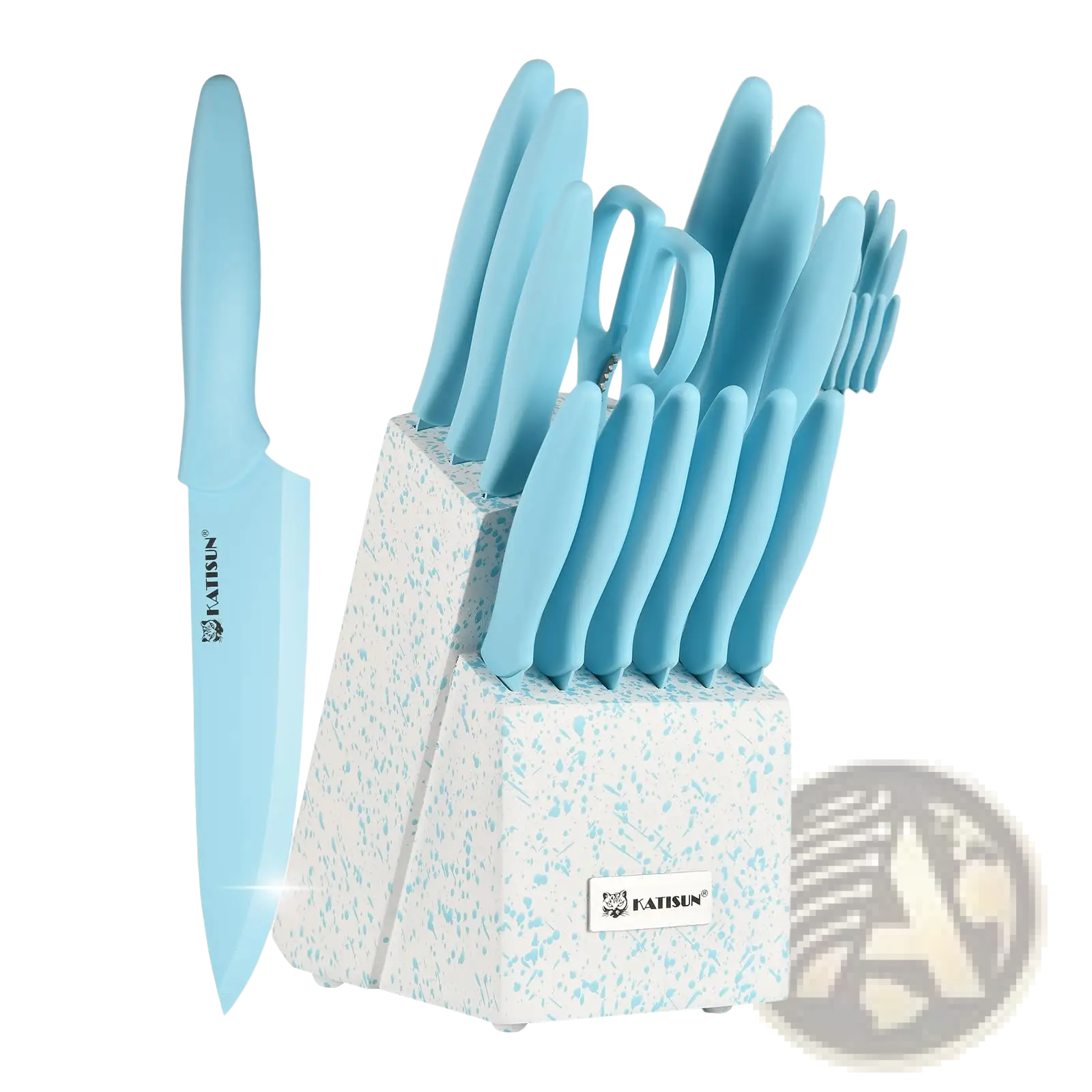 14 piece blue stainless steel knife set with light blue ceramic handles in a speckled white and blue block