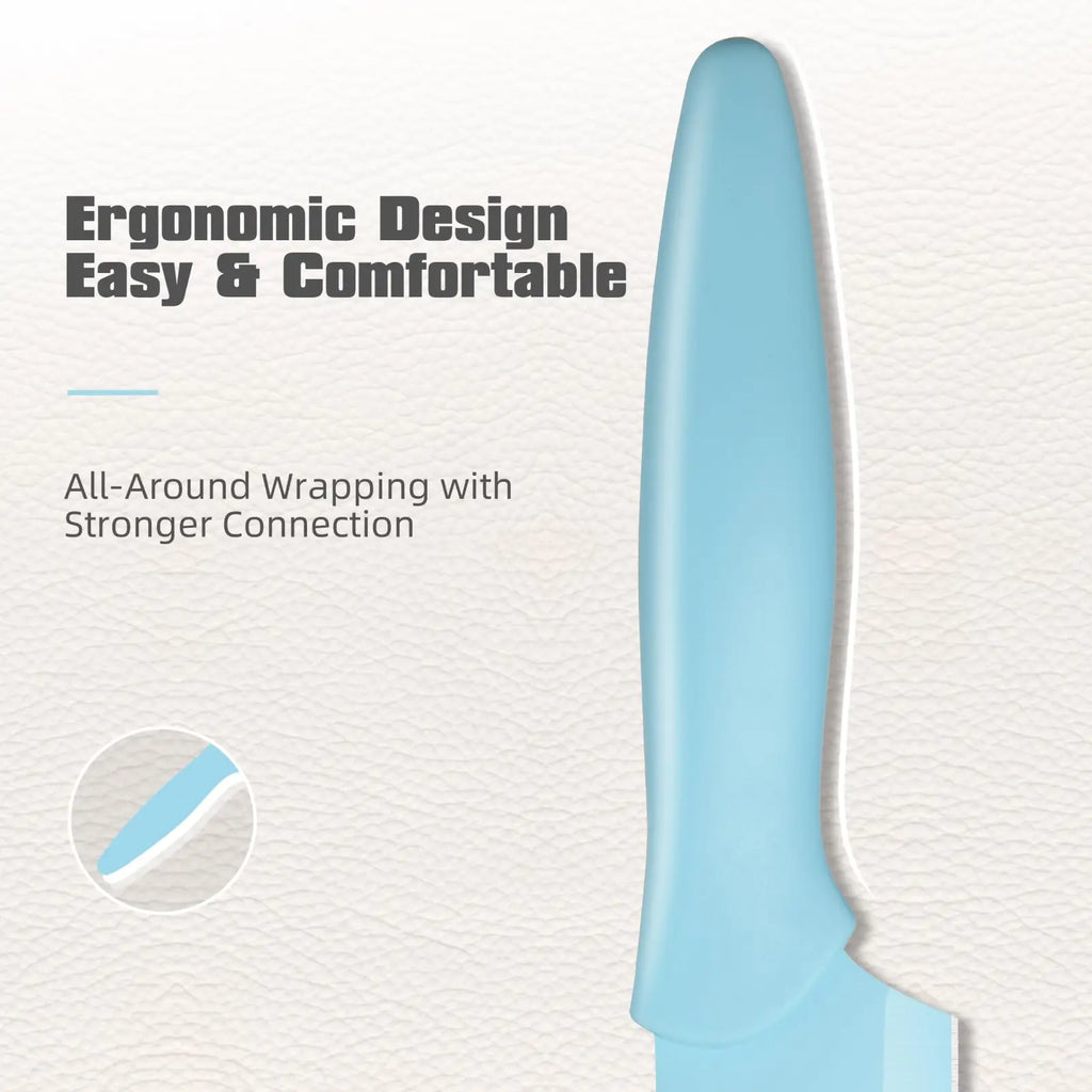 Light blue plastic knife with ergonomic contoured handle from 14 piece blue stainless steel knife set with block