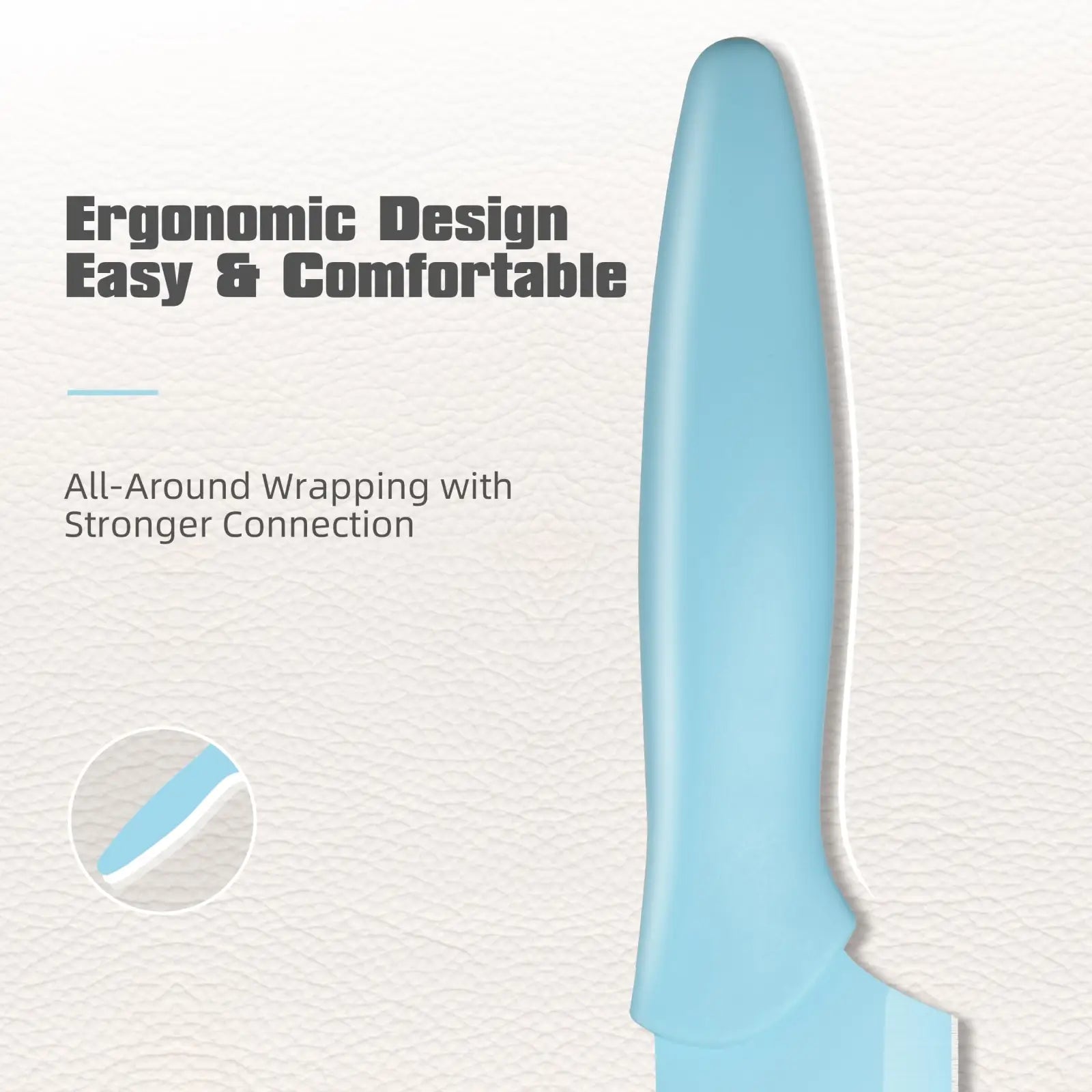 Light blue plastic knife with ergonomic contoured handle from 14 piece blue stainless steel knife set with block