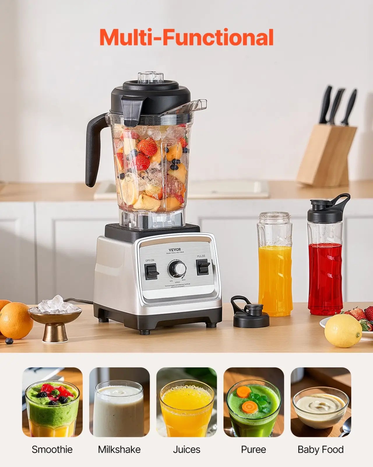 Silver and black teyor 1400w blender with clear glass 85 oz jar filled with colorful fruits for high speed processing