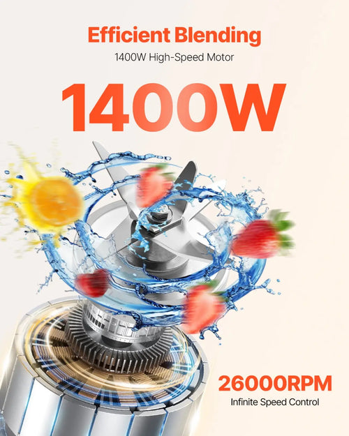 Silver 1400w blender with high-speed motor and sharp blades designed for efficient blending in an 85 oz jar