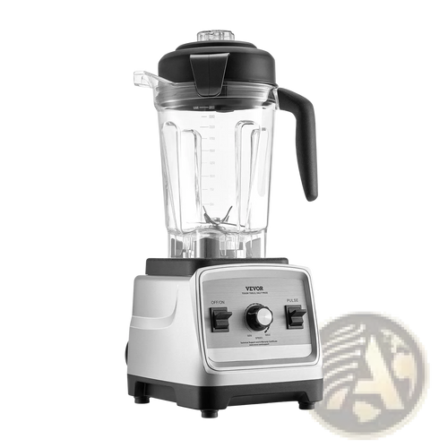 Silver and black vevor 1400w high speed blender with 85 oz clear glass pitcher, black lid, and handle for food processing