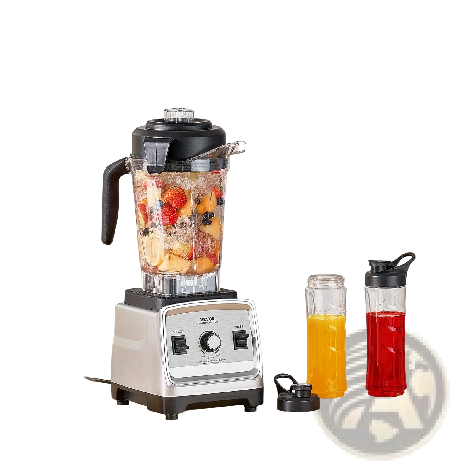 Silver and black vevor 1400w high speed blender with clear 85 oz pitcher filled with mixed fruits