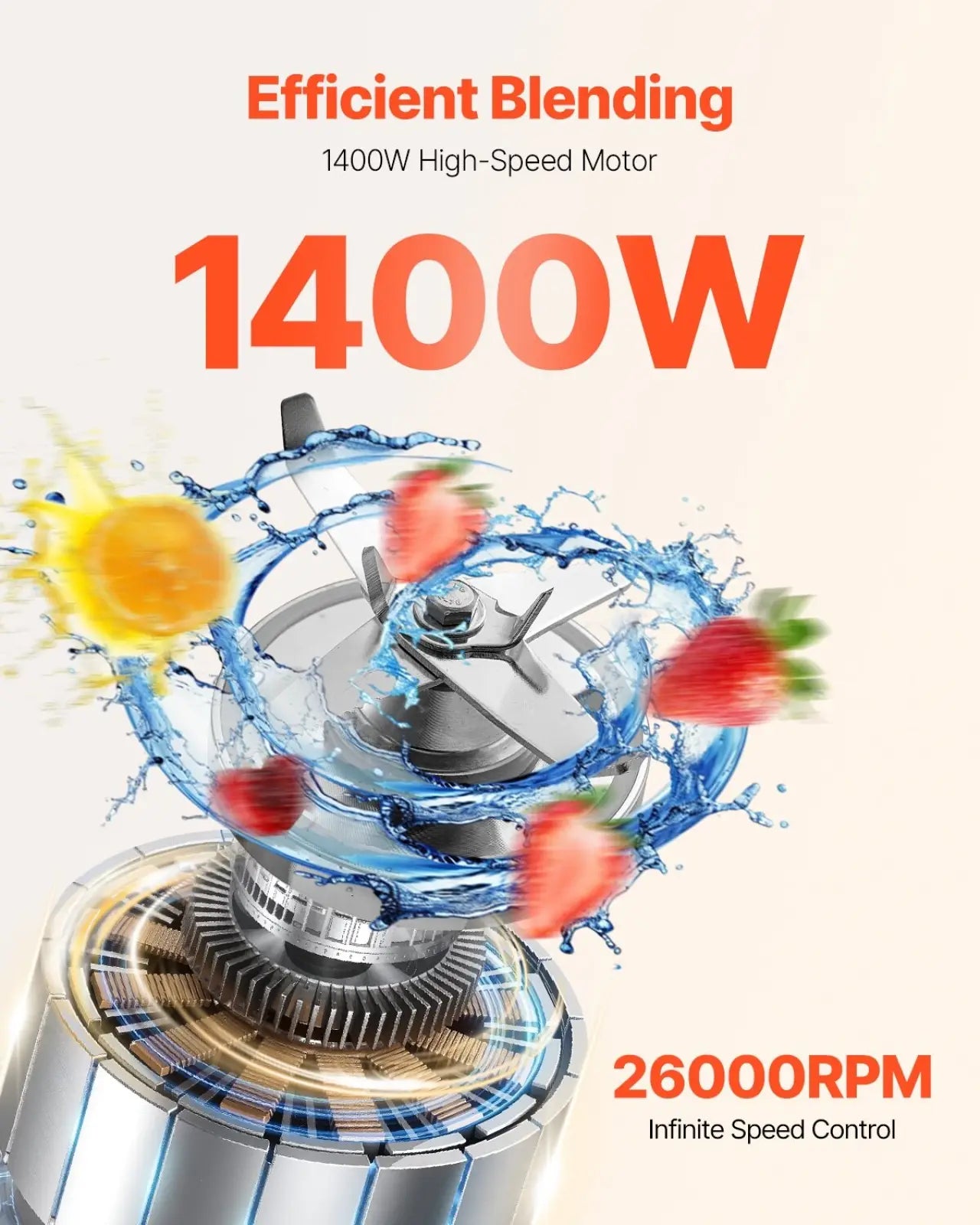 Silver high speed blender motor with 1400w power and infinite speed control for 68 oz smoothie maker with grinder