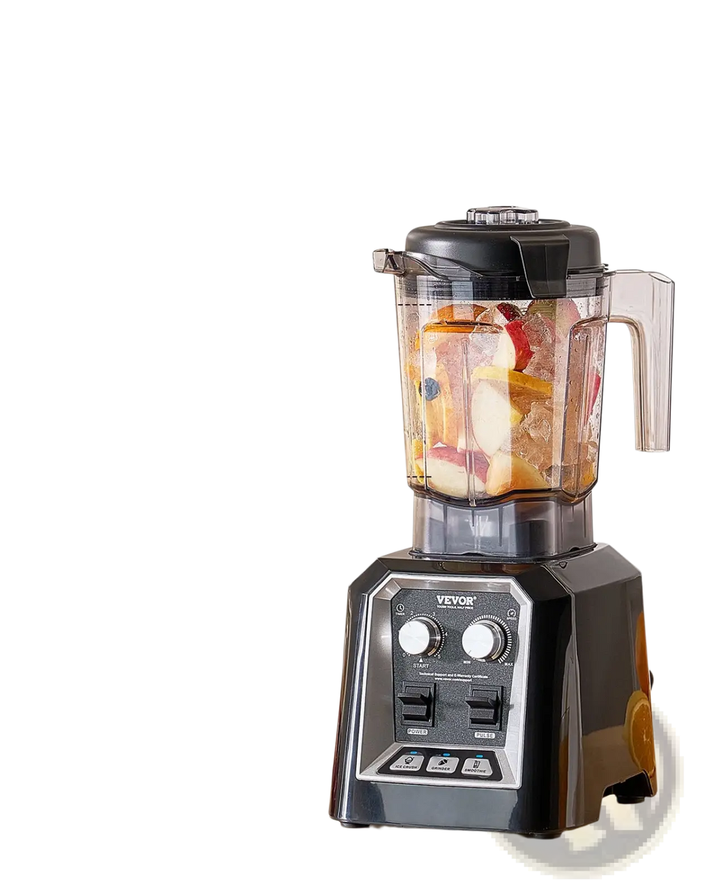Black vevor 1400w high speed blender with transparent pitcher filled with fruit and ice and two white control knobs