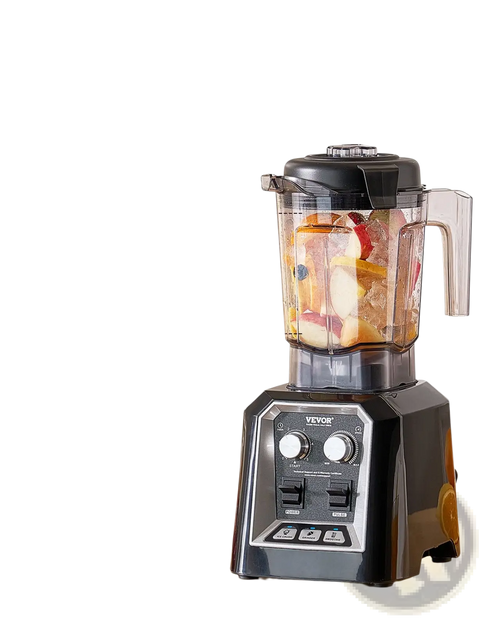 Black vevor 1400w high speed blender with transparent pitcher filled with fruit and ice and two white control knobs