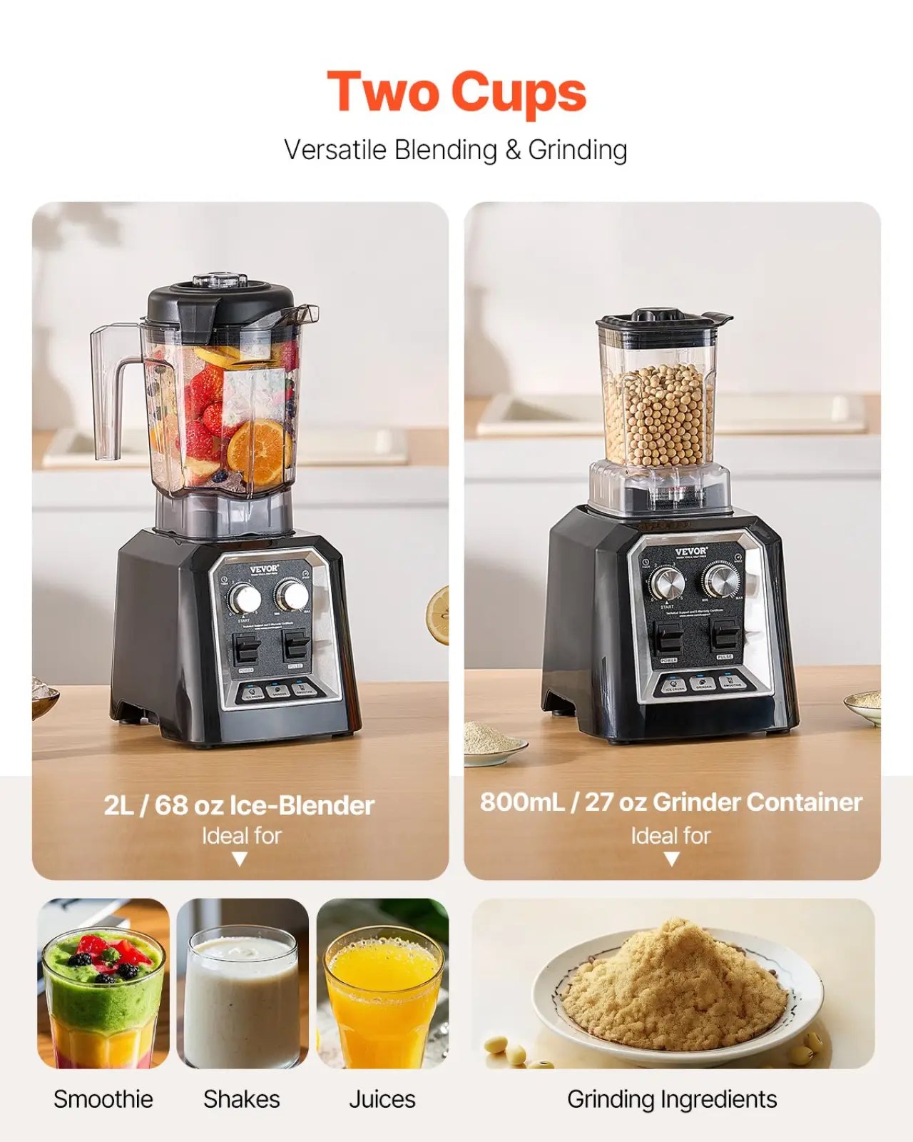 Black vevor 1400w high speed blender with transparent container and silver control knobs for versatile blending and grinding tasks