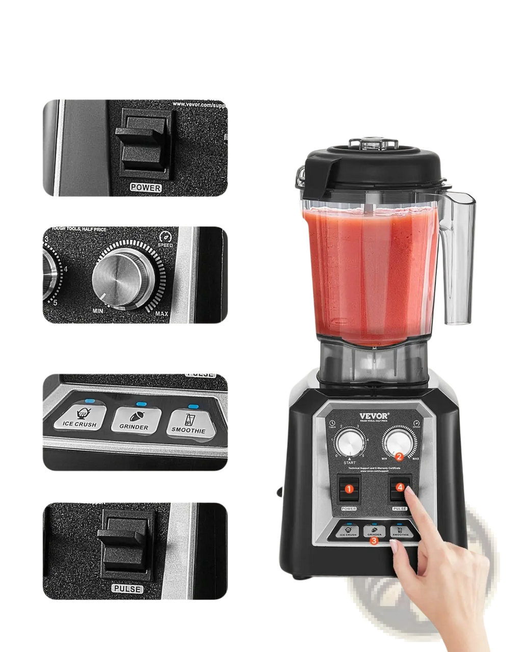 Black and silver Vevor 1400w high speed blender with 68 oz clear pitcher filled with red blended liquid for smoothies