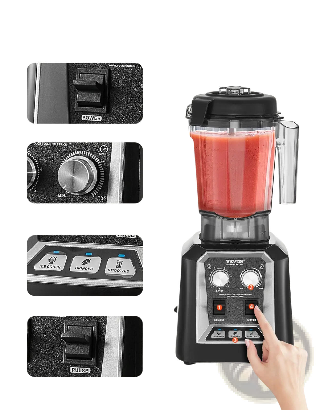 Black and silver Vevor 1400w high speed blender with 68 oz clear pitcher filled with red blended liquid for smoothies