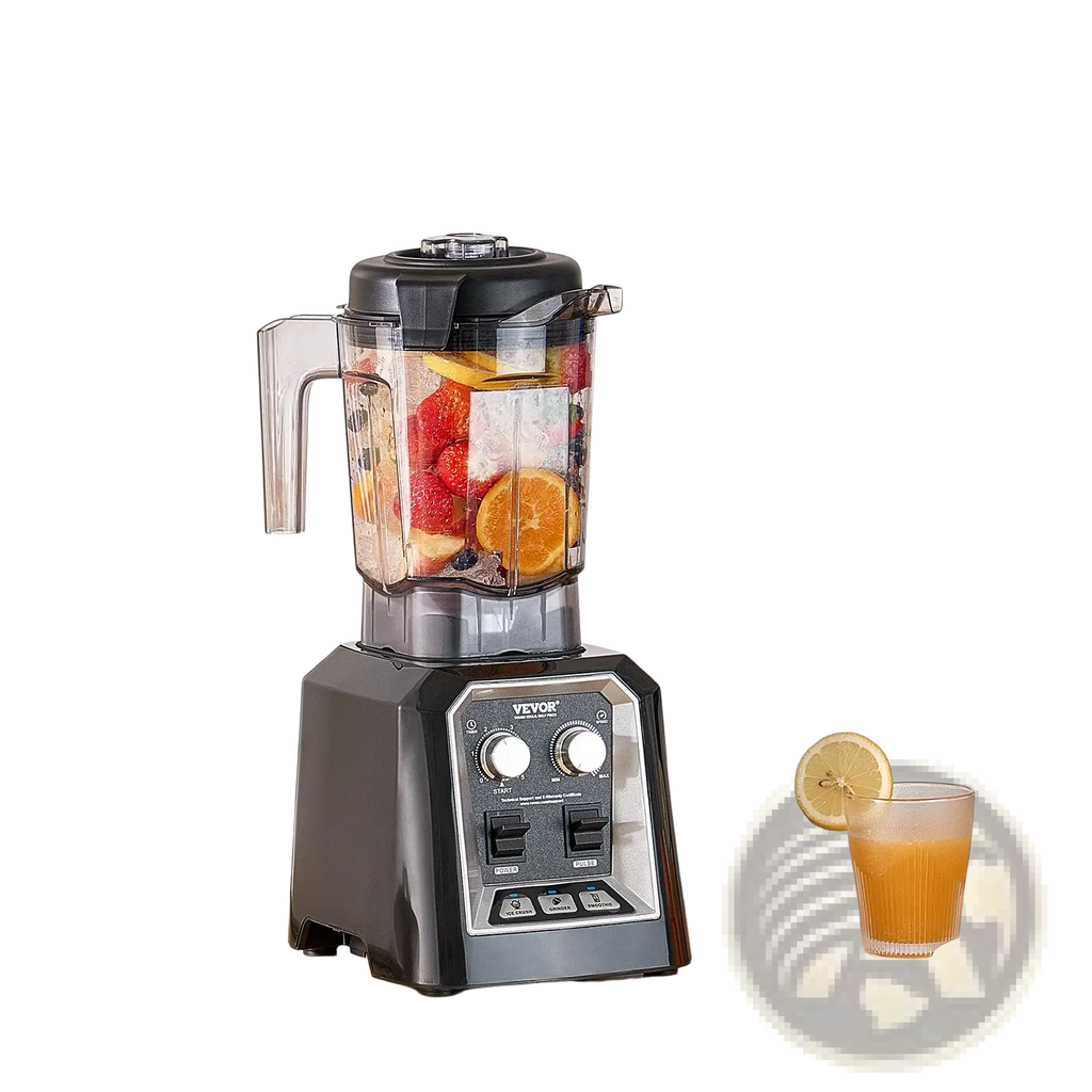 Black yevor 1400w high speed blender with transparent 68 oz pitcher filled with fruit and ice for smoothies and grinding