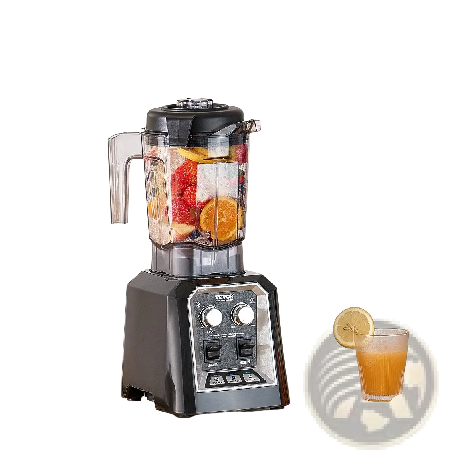 Black yevor 1400w high speed blender with transparent 68 oz pitcher filled with fruit and ice for smoothies and grinding