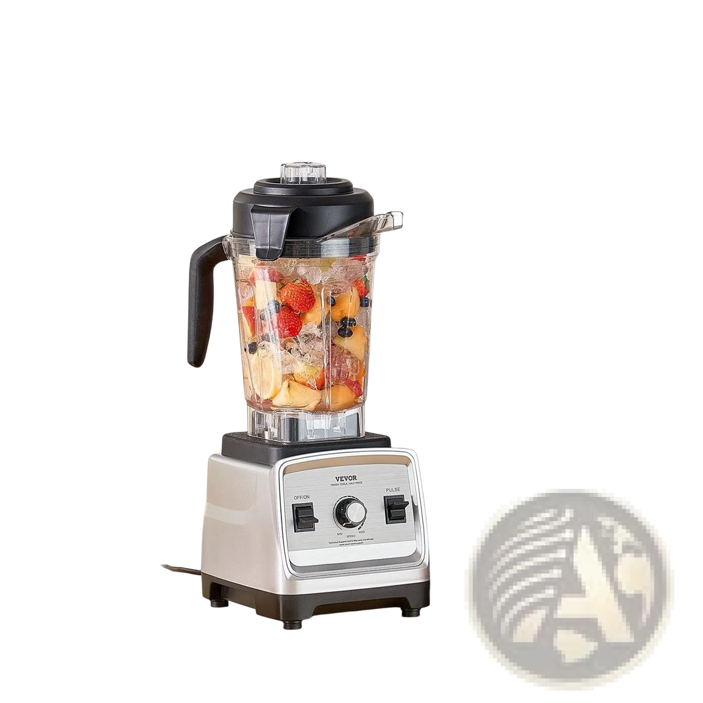 Silver and black Vevor 1400w high speed blender with clear 85 oz pitcher filled with chopped fruit ice and berries