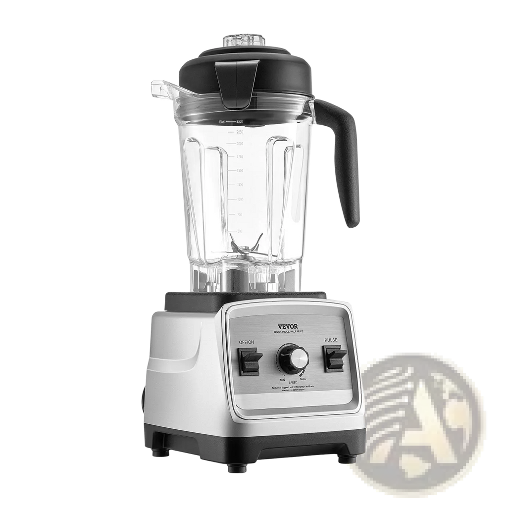 Silver and black Vevor 1400w high speed blender with clear glass pitcher black lid and handle for smoothies and food processing