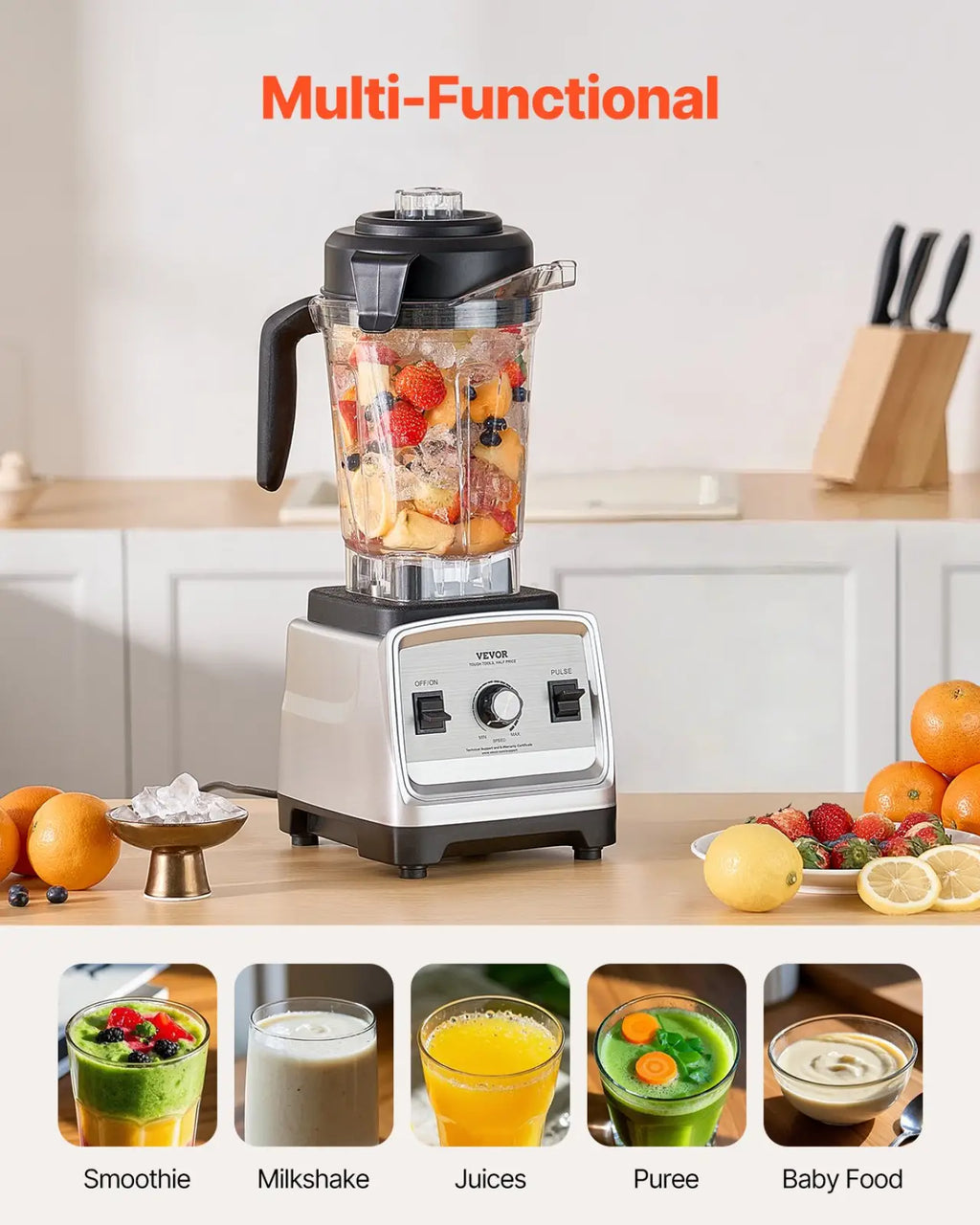 Silver and black Vevor 1400w high speed blender with clear 85 oz pitcher filled with colorful fruits for smoothies and food processing