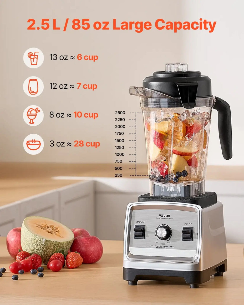 Silver and black vevor 1400w high speed blender with clear glass 85 oz pitcher filled with fruit for smoothies and food processing