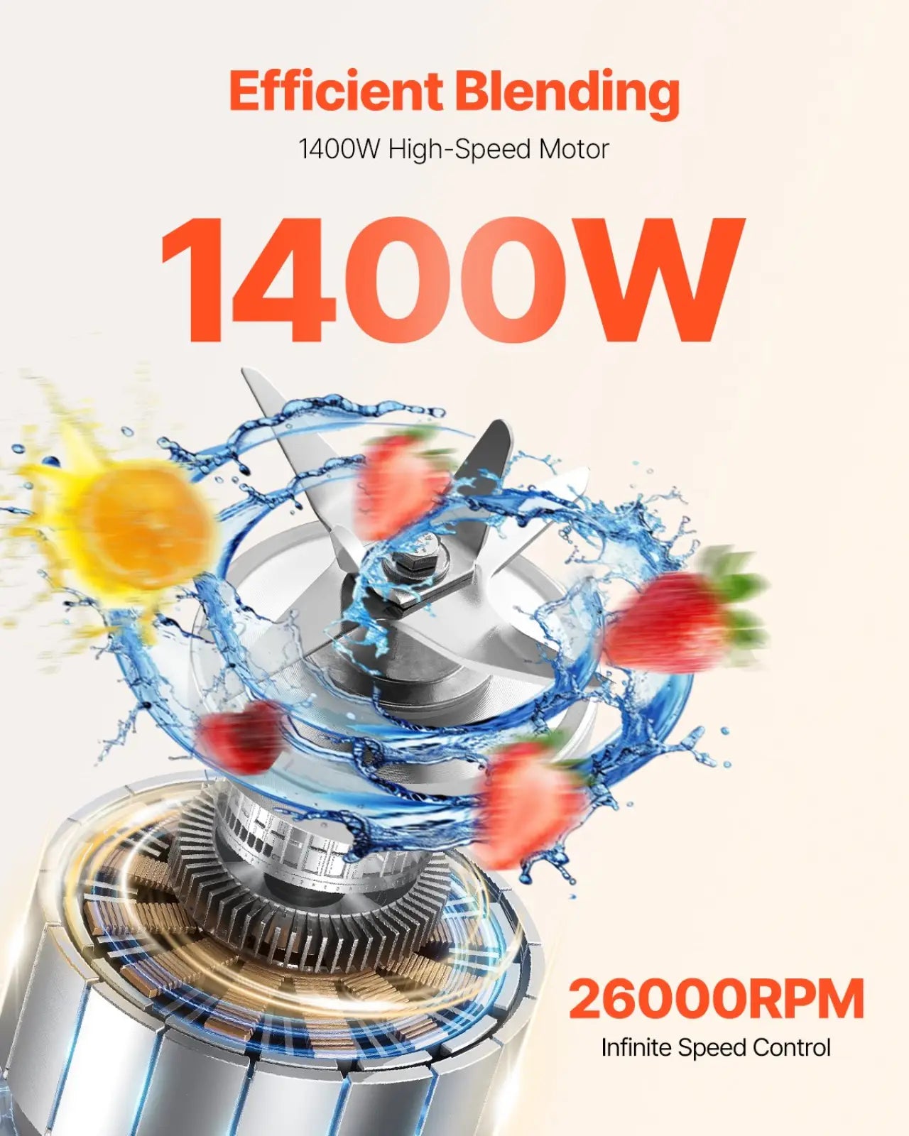 Silver 1400w high speed blender with sharp blades and powerful motor for efficient smoothie and food processing