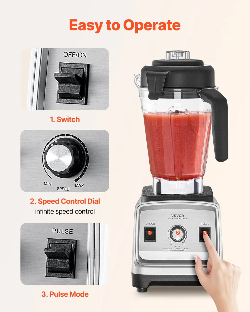 Silver and black vevor 1400w high speed blender with clear glass jar filled with red smoothie liquid