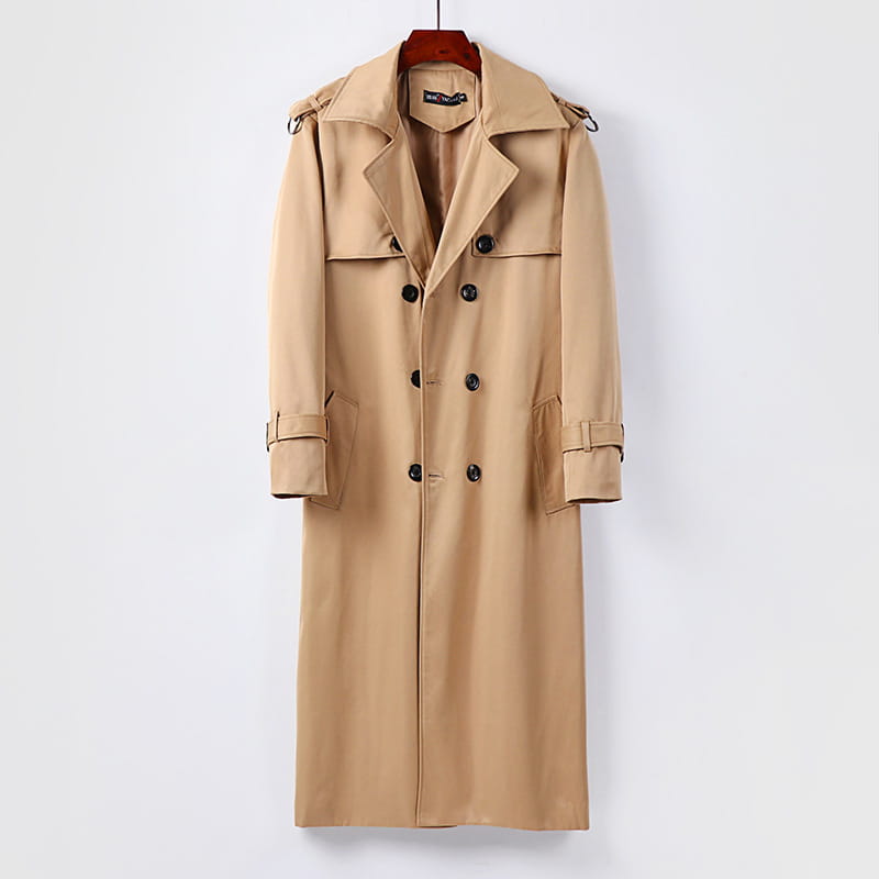 plus size men trench coat thickened black over-knee with beige fabric featuring black buttons and shoulder straps.